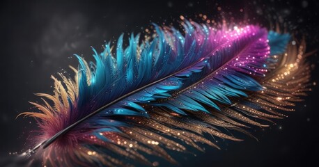 Fototapeta premium Vibrant feather adorned with glittering sparkles, dreamy, whimsical, beauty, ethereal