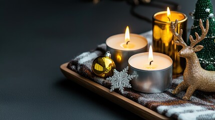 Obraz premium Golden and Silver Candles with Festive Decorations on Wooden Tray