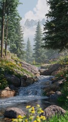 Breathtaking mountain landscape with a serene stream flowing through lush flora and towering pine trees in the background