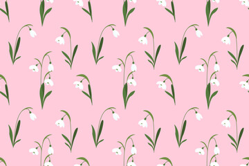 Snowdrops flower on pink background. Spring floral hand drawn background. Vector illustration