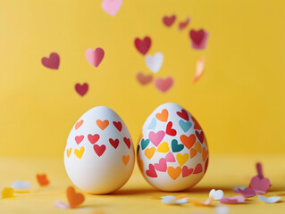 Two white Easter eggs decorated with multicolored heart stickers, surrounded by falling confetti hearts on a vibrant yellow background. A festive and cheerful holiday composition. 