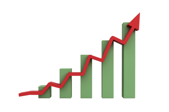 Growth chart with upward trend in green and red colors on a white background, representing positive business performance over time