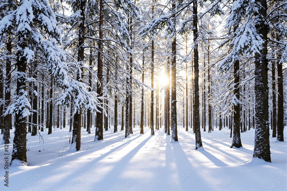 Poster winter forest with snow-covered trees and sunlight shining through branches.