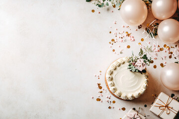 A close-up view of a birthday cake with a floral decoration, confetti, balloons, and gifts on a festive background, symbolizing celebration and special moments.