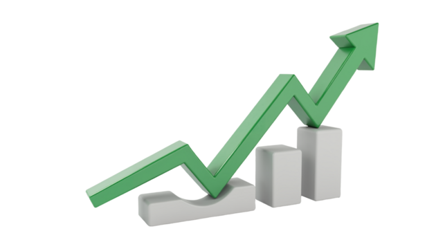 Green upward arrow representing growth on three white bars symbolizing increasing progress and success against an isolated white background - Powered by Adobe
