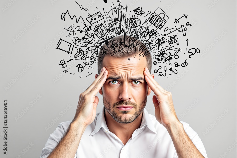 Poster stressed man with abstract chaotic thoughts on light background.