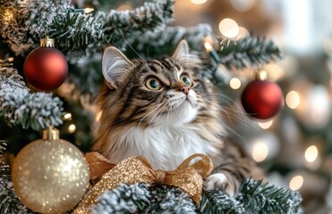 Obraz premium Adorable Tabby Cat Curiously Observing Christmas Tree Decorations with Shimmering Ornaments and Sparkling Lights in a Cozy Holiday Setting