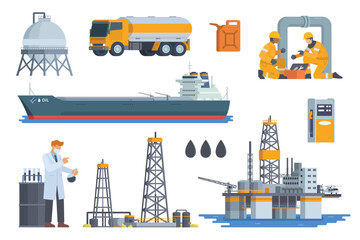 Oil & Gas Industry Illustration Bundle. Vector Set of Oil Well and Rig, Oil Worker, Oil Refinery, Gas Station, and Oil Transportation like Oil Truck and Tanker Ship. Fully Editable Modular Elements.