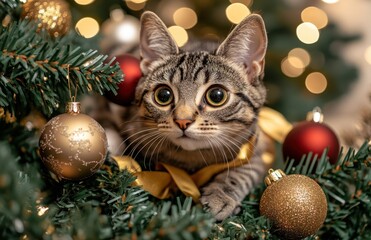 Adorable Tabby Cat Surrounded by Christmas Tree Decorations and Ornaments with Bokeh Lights in the Background Creating a Festive Holiday Atmosphere