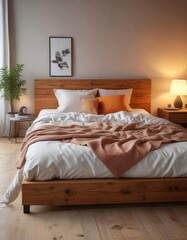 Naklejka premium Warm and cozy bedroom with a minimalist bed frame, minimalist, bed, warm light