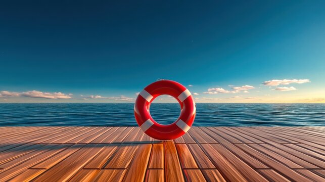 Cruise Ship Deck with Vibrant Red Lifebuoy on Sparkling Sea - A Picturesque Scene of Excitement and Relaxation