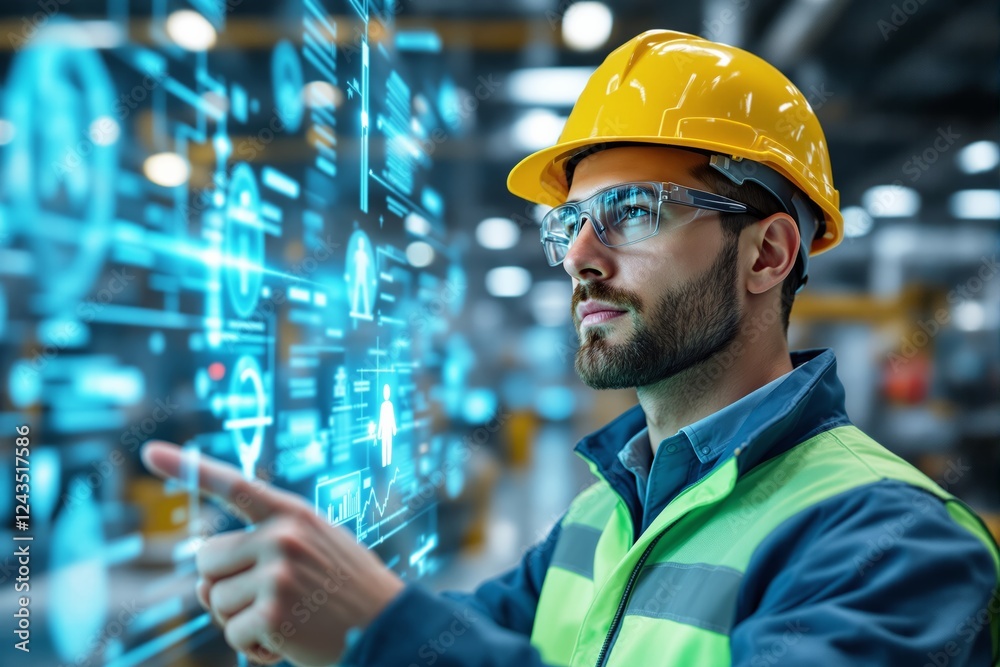 Aufkleber engineer interacting with futuristic digital interface in industrial setting.