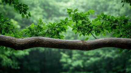 Fototapeta premium Close-Up View of a Tree Branch with Lush Green Leaves Against a Soft Focus Background of a Misty Forest
