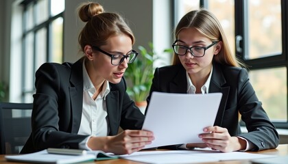 Fototapeta premium Focused female manager discussing project with young employee, teamwork