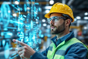 Engineer interacting with futuristic digital interface in industrial setting.