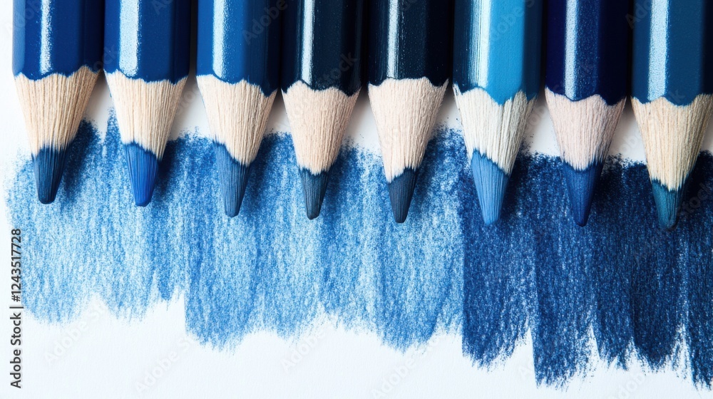 Poster gradient of blue pencil strokes transforming into various shades of blue on paper displayed in a cre