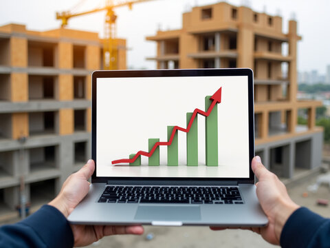 Hands holding a laptop displaying a chart illustrating financial growth in front of a construction site showcasing ongoing development activities
