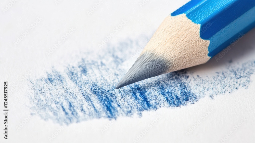 Poster Close up of a blue pencil creating a textured mark on a minimalist white background in a quiet workspace