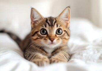 Adorable tabby kitten with big eyes resting on a soft white bedspread, showcasing a cute expression and playful demeanor in a cozy indoor setting