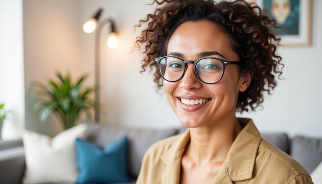 Smiling woman wearing multifocal lenses in stylish home setting, vision relief