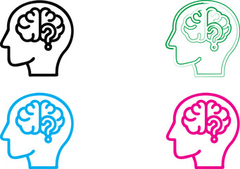 Minimalist line drawing, human head profiles, brain icons, colorful outlines, simplistic design, thinking concept, mental health illustration, cognitive symbols, four-color scheme, flat graphic style,