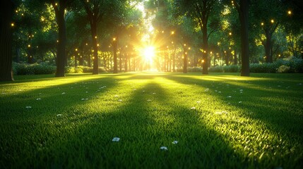 Blurred abstract green park background with sunlight filtering through, creating a nostalgic vintage effect. Ideal for design concepts focused on spring and summer nature themes.