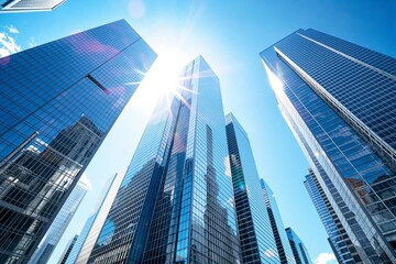 Fototapeta premium Skyscrapers against clear sky with sunlight reflection on glass facades.