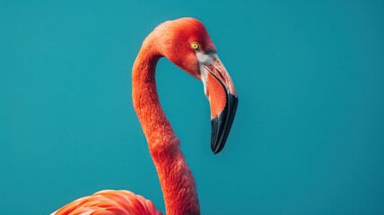 Obraz premium blue backgrounds wall pink face flamingo side view and copy space minimal theme vibrant