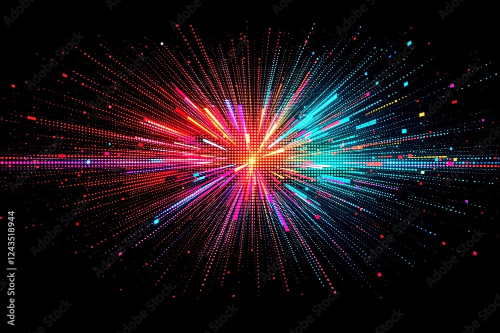 Poster multicolored digital light burst with vibrant pixels on black background.