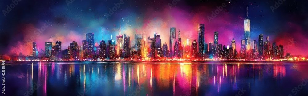 Poster vibrant skyline illuminated by colorful lights reflected on water during twilight in a bustling urba