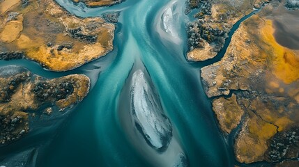 Fototapeta premium Aerial Top Down View of Estuary Landscape with Winding Waterways Islands and Lush Wetlands Beautiful natural scenery from a bird s eye perspective