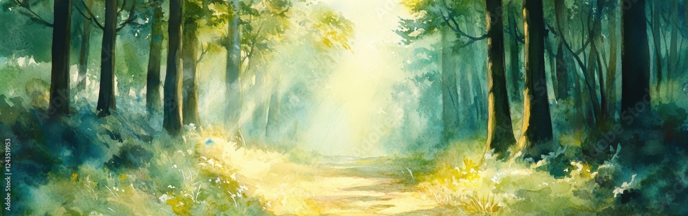 Poster serene woodland path illuminated by soft sunlight filtering through trees in a tranquil forest lands