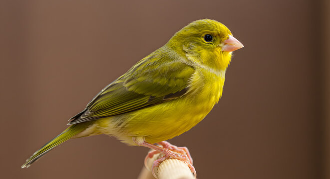 yellow canary perched, its tiny claws gripping an unseen perch, with smooth feathers reflecting light