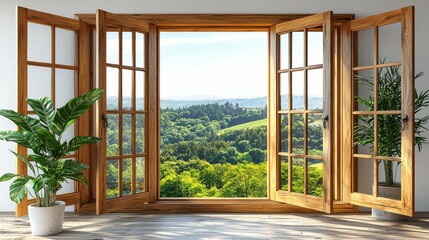 Fototapeta premium Modern 3D living room design with wood accents and large windows opening to a beautiful nature and forest view. The perfect blend of modern comfort and outdoor tranquility.