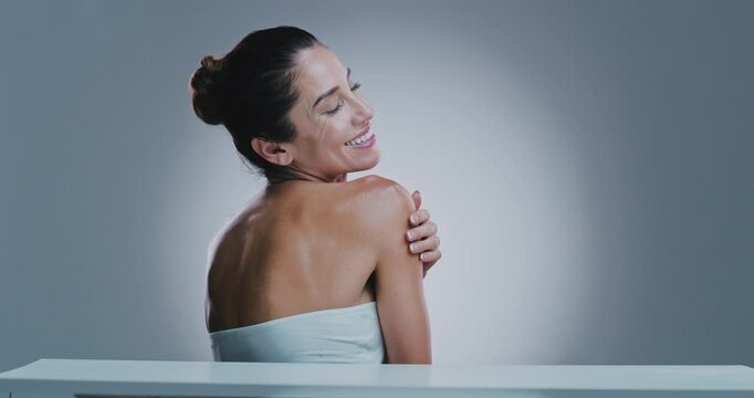 Skincare mature and shoulder with face of woman for body care, aesthetic and anti aging treatment. Glow, back and dermatology with person on studio background for clean, wrinkles and spa beauty