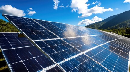 Solar Panels Under Bright Blue Sky in Scenic Mountain Landscape