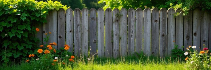 Fototapeta premium Weathered wooden fence with overgrown vines and flowers, weathered, fence