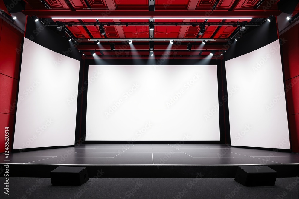 Poster modern stage with illuminated screens in a red and black auditorium.