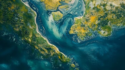 Stunning aerial top down view of a tranquil estuary landscape  The winding river meanders through a serene scene of lush vegetation tidal marshes and sandy shores
