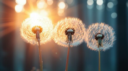 A sunny field with blooming dandelions in a natural park, capturing the essence of family vacations and outdoor weekend relaxation. A perfect scene to evoke peace and tranquility.
