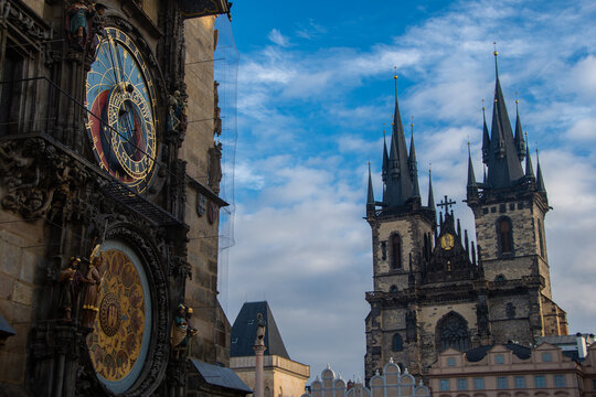 The Prague Astronomical Clock located at the Old Town Hall and the Church of Our Lady before Tyn in Prague