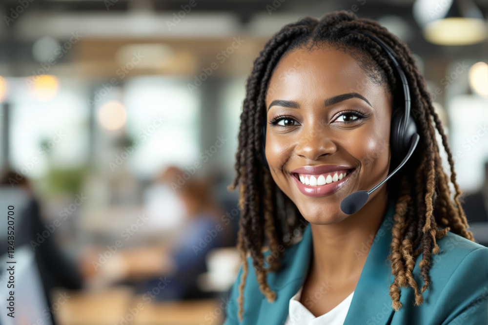 Aufkleber smiling customer service representative wearing a headset in a modern office background.