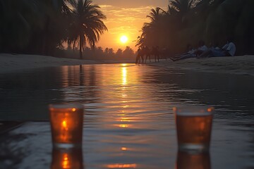 Sunset drinks by tranquil river with people and horses.