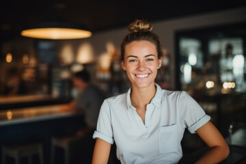 Fototapeta premium Smiling portrait of a young female Caucasian waitress in cafe