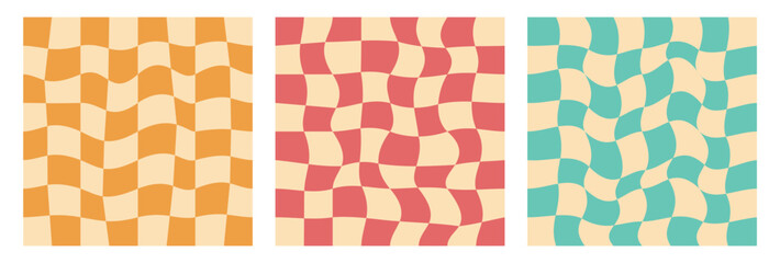 Groovy hippie checkered pattern set. Vintage psychedelic background in 70s style. Vector illustration for home retro decor, poster, print, background, cover