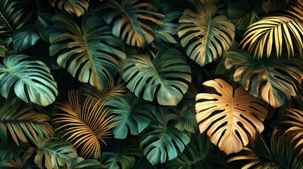 Fototapeta premium Intricate texture of tropical green leaves in a close-up view, showcasing the lush beauty of nature. A refreshing and vibrant background ideal for botanical and natural design concepts.