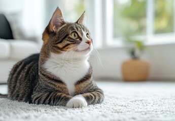 Charming Domestic Cat Lying on Soft Carpet with Light Streaming Through Window in Cozy Living Room Setting