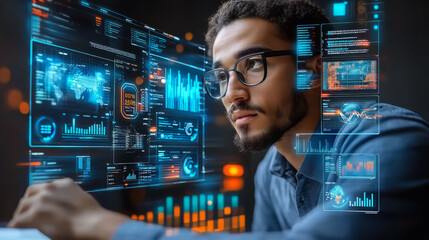 A focused man analyzes digital data on futuristic holographic screens.