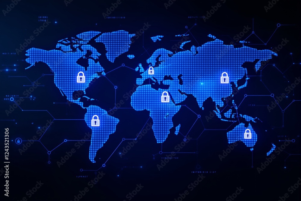 Poster Digital global map with security lock icons on dark background.