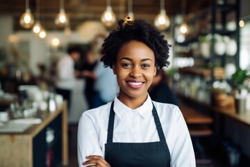 Smiling portrait of a young female African American waitress in cafe